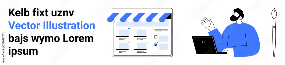 Poster man using laptop sits beside a storefront banner with sample text lorem ipsum. ideal for e-commerce,