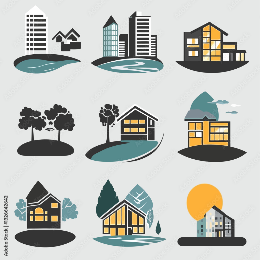 Poster modern house and skyscraper vector illustrations for architecture and design.