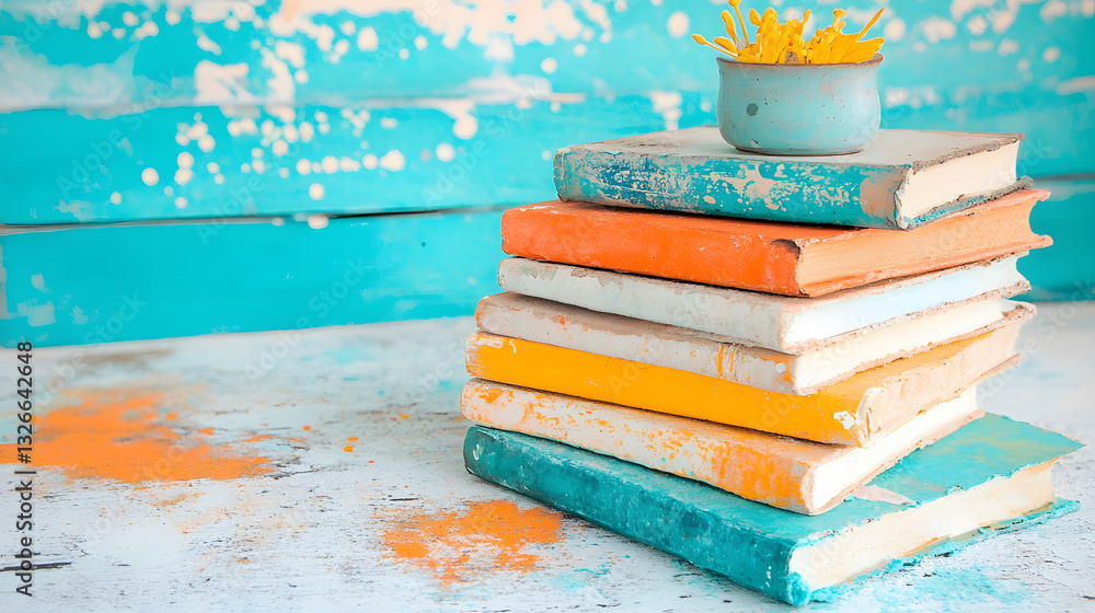 Aufkleber A vibrant stack of colorful books rests on a textured surface, accompanied by a small pot of flowers, creating a cheerful and inviting atmosphere