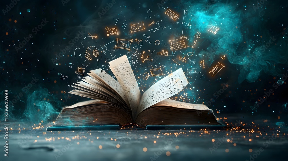 Poster illuminating insights an open book with glowing physics formulas and equations floating above its pa