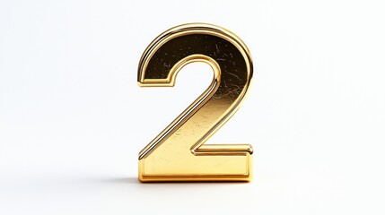 Naklejka premium Golden Number Two 3D Render Luxury Award Second Place Shiny Gold Digit Isolated Wh