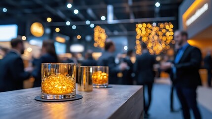 Business event reception showcasing modern design and sophisticated branding with gold accents and engaging atmosphere
