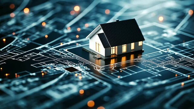 A futuristic town planning concept where a small house model is positioned on a technical land-use blueprint, with mapped roads and designated residential zones visible. The scene