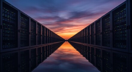 Serene Sunset Over Data Center Reflections - Technology, innovation, landscape, twilight, reflection. Symbolizing progress, connectivity, and the future of data