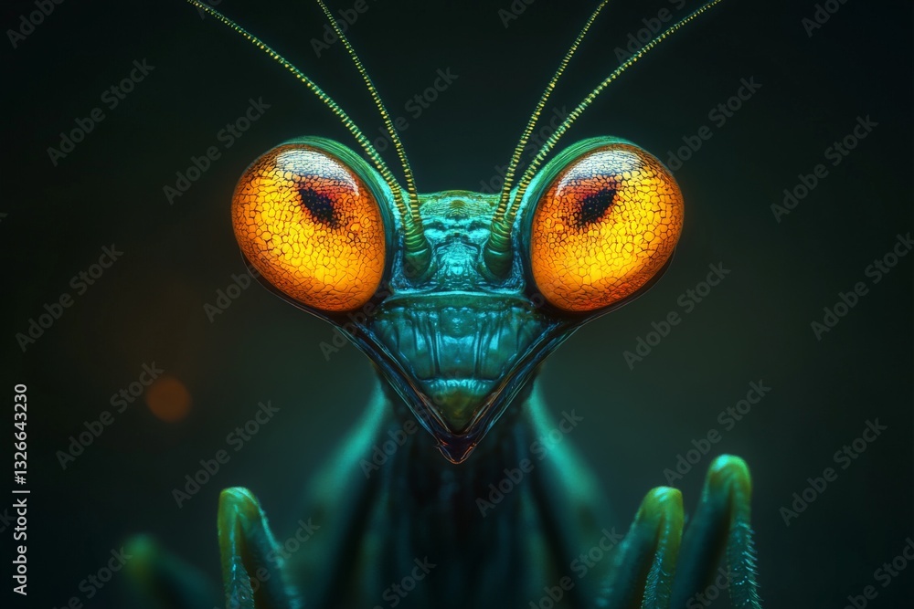 Poster colorful close-up of a mantis showcasing vibrant eyes and intricate textures in a natural habitat se