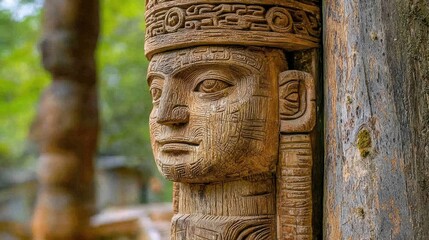 Obraz premium A close-up of a weathered wooden totem, its deep engravings rich with cultural symbolism.