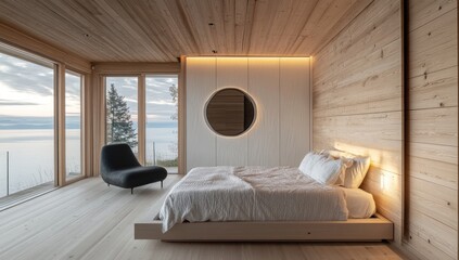 Obraz premium A modern bedroom offers a relaxing view over a lake