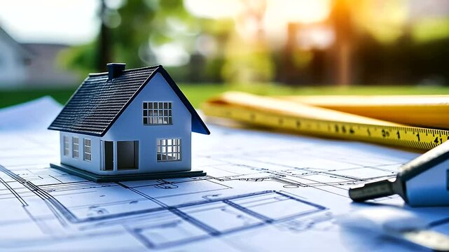 A house model standing on a real estate blueprint, with undeveloped land and measuring tools in the background. The image highlights zoning laws, urban expansion, and residential c