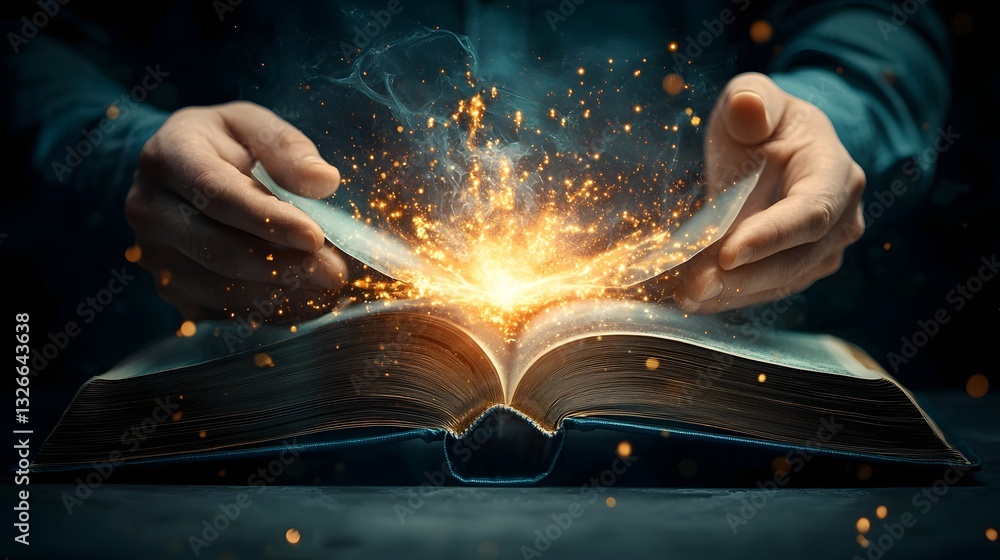 Poster photograph of an open book revealing a swirling vortex of energy representing the intricate mechanis