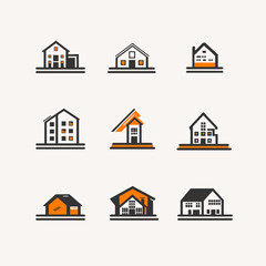 Abstract Modern House Icons in Black and Orange on White Background