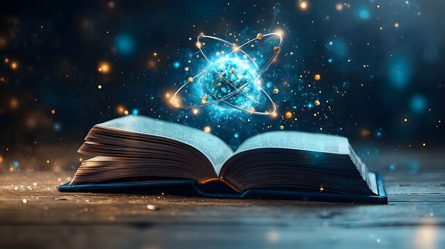 Stunning photograph of an open book revealing a swirling vortex of energy representing the complex and captivating world of quantum mechanics  Particles collide wave functions form