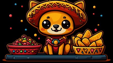 Fiesta Pup  Chihuahua in sombrero, enjoying nachos and salsa