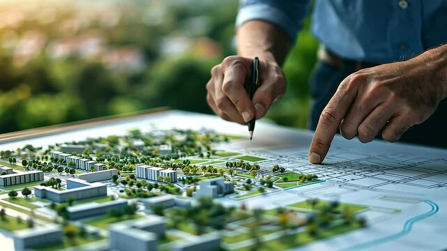 A planning board filled with an evolving city design, where an architect makes precise adjustments, mapping out districts, parks, and smart road systems. The blueprint represents u