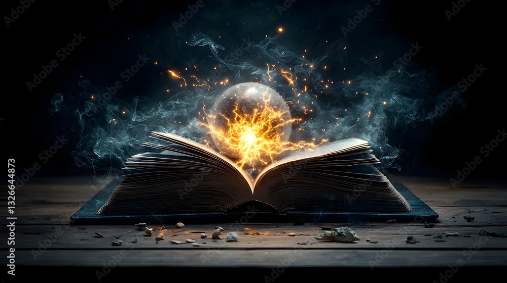 Poster luminous plasma sphere emanating from the pages of an open book