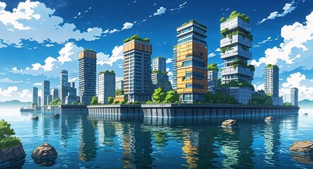 Fototapeta premium Floating city on water building design on manga design illustration background