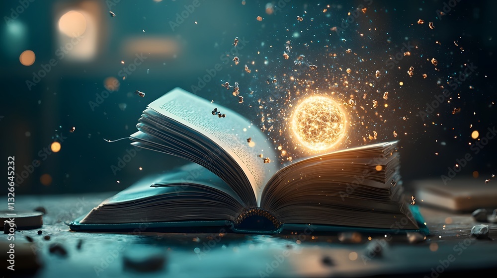 Poster mesmerizing image showcasing an open book generating a luminous plasma sphere with electric arcs and