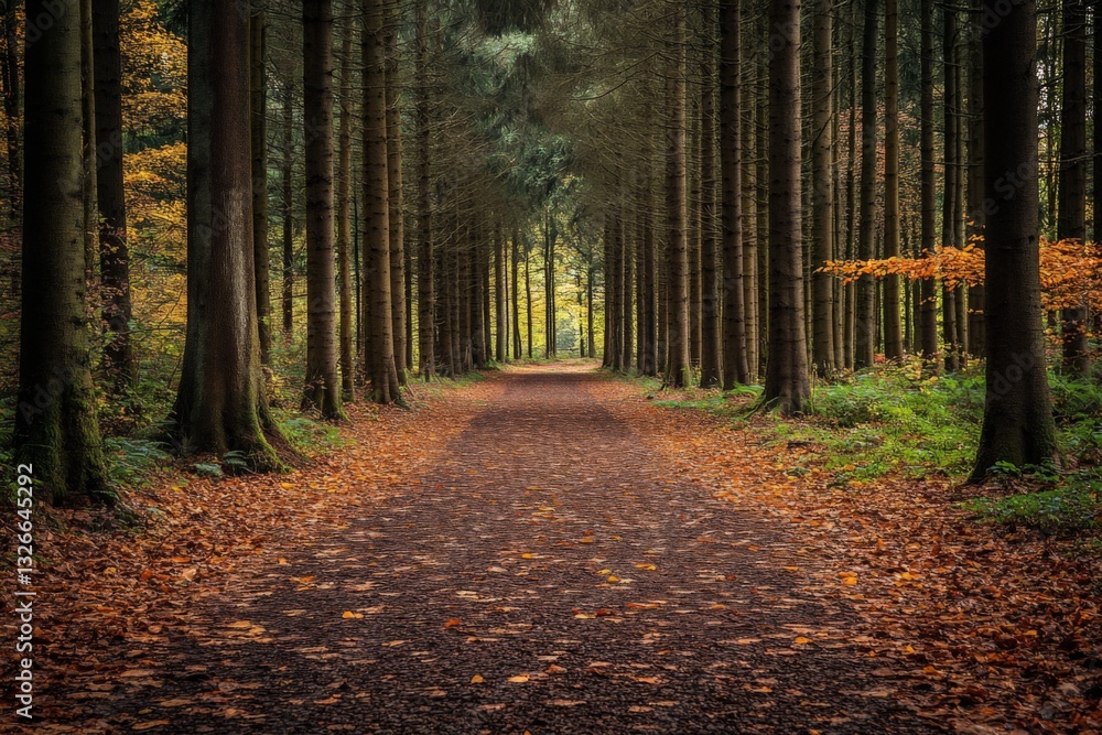 Poster Serenity of a quiet forest path surrounded by tall trees and autumn foliage during midday