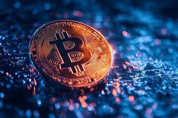 Glowing gold coin representing digital cryptocurrency on a dark surface