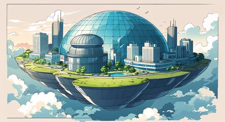 Floating dome shaped city building design on manga design illustration background