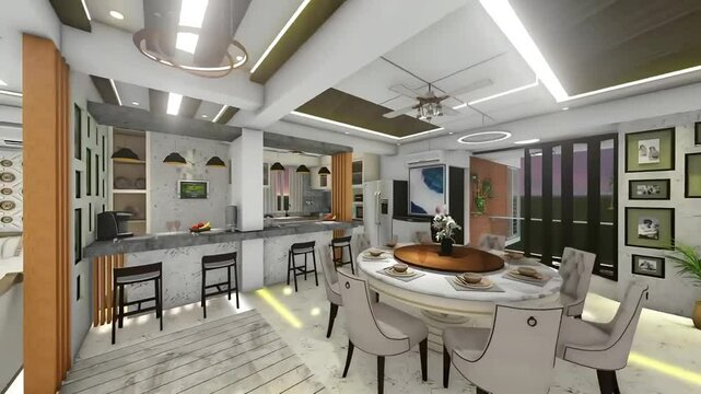 Dinning room and kitchen interior design 3d visualization. Apartment Bedroom, Dinning room, Kitchen room interior and lighting motion graphics. Architectural design samples. Interior cinematic view.