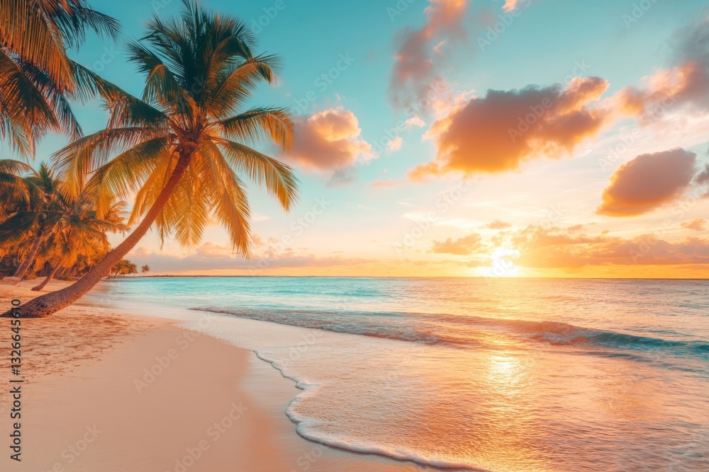 Poster serene sunset by the beach with palm trees and gentle waves relaxing by the shore