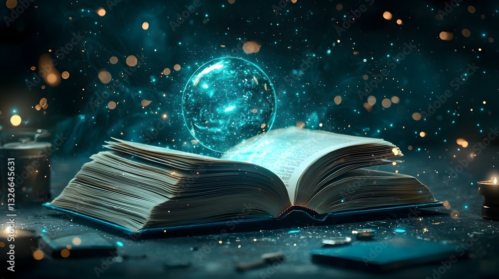 Poster a photograph showcasing an open book generating a luminous plasma sphere with electric arcs and magn