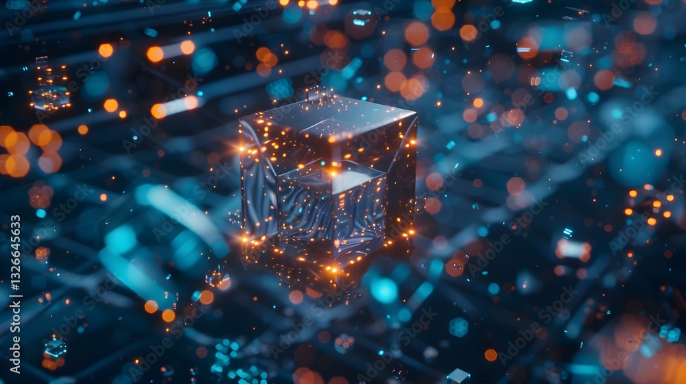 Poster a cube with a zebra print is lit up with bright lights. a blurry background of lights and dots surro