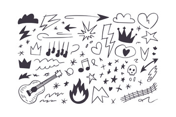 Hand-Drawn Grunge Rock Punk Music Icons: Star and Heart Doodles in Crayon Sketch Style with Brush Stroke and Scribble Details Vector Illustration Set