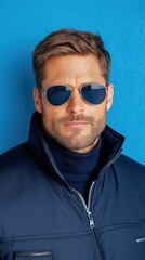 Obraz premium Serious male pilot with aviator sunglasses looking directly at the camera against a plain background in a stock photo setting