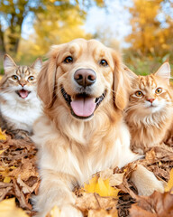 Adorable pets in autumn leaves