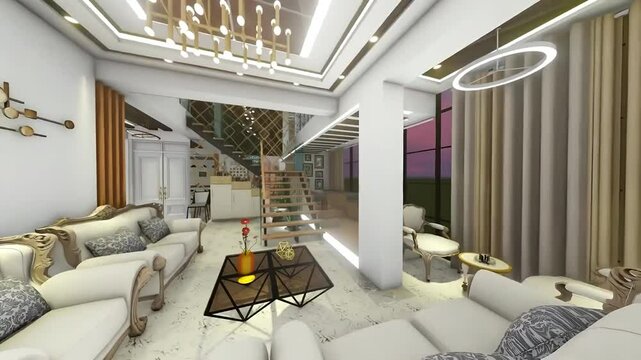 Duplex apartment guest room interior and lighting motion graphics. Architectural design samples. Interior cinematic view.
