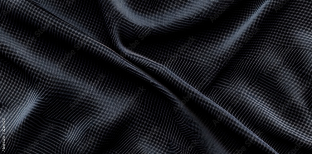 Poster a close-up view of black textured fabric, showcasing its rich patterns and smooth draping, ideal for
