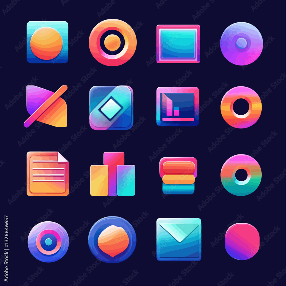 Poster colorful gradient icon set on dark background for ui design