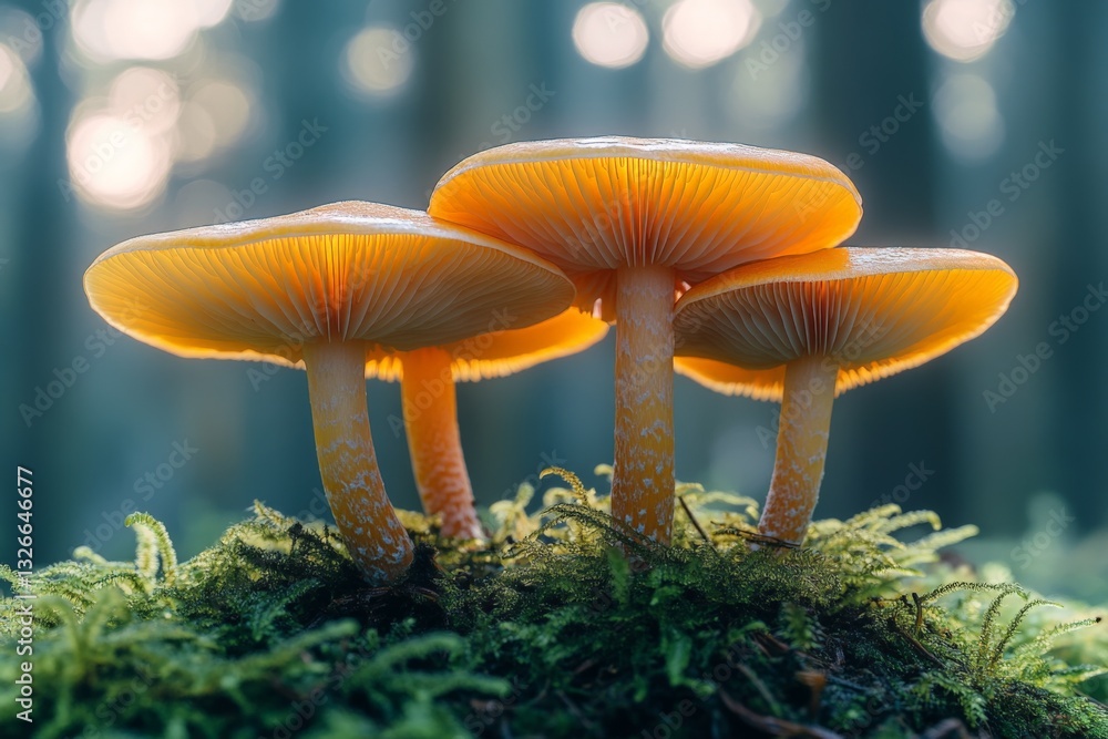 Poster vibrant mushrooms glow under soft sunlight in a serene forest setting during early morning hours