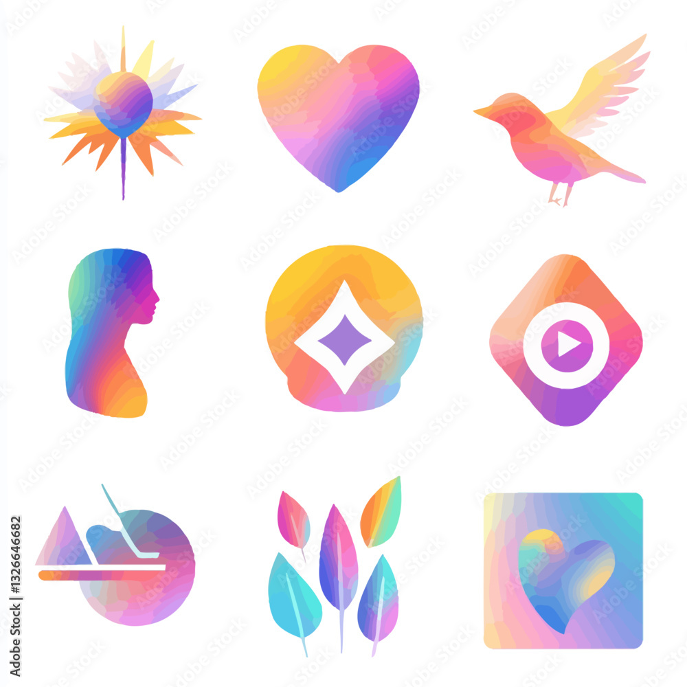 Poster abstract geometric shapes with colorful gradient textures, graphic design elements