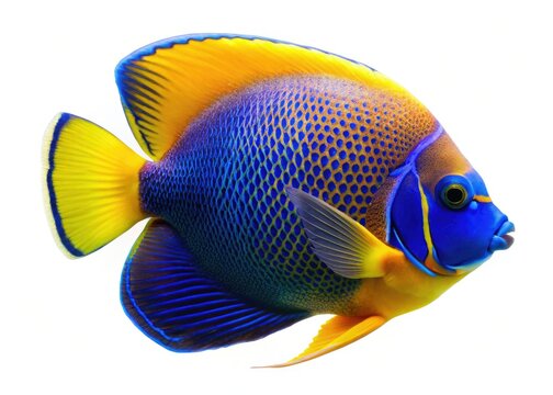 A juvenile Pomacanthus navarchus, the Blue Girdled Angelfish, boasts stunning yellow and blue hues in the Asia-Pacific.