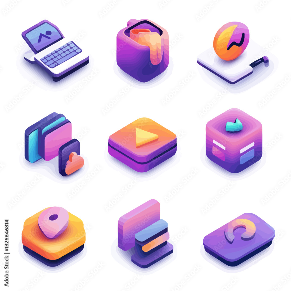 Aufkleber isometric icons set, modern digital design elements with gradient color palette