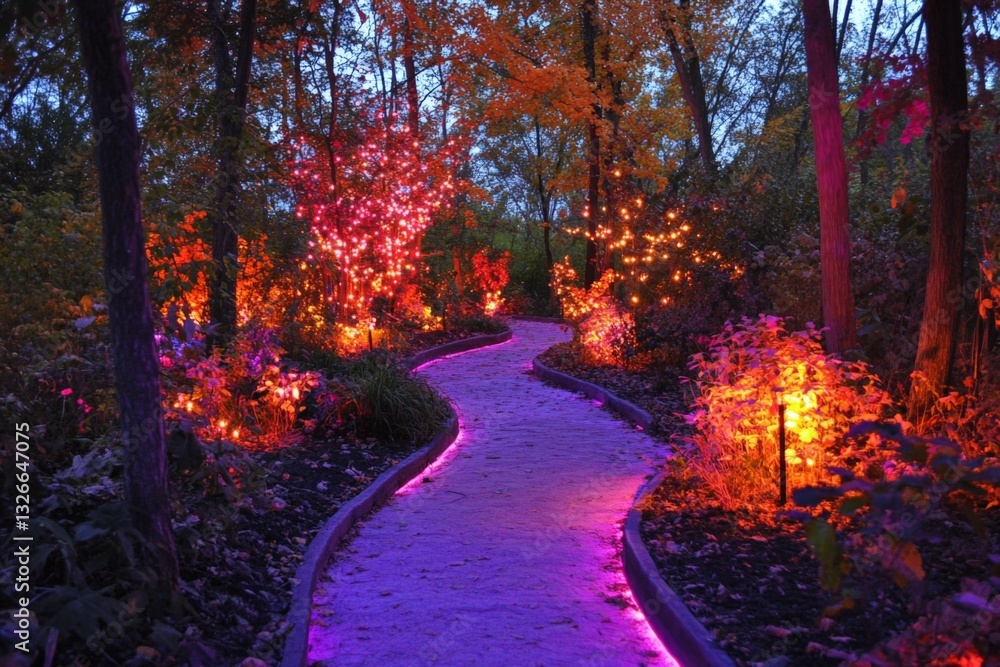 Poster softly glowing pathway leading through a vibrant autumn garden illuminated by colorful lights at dus