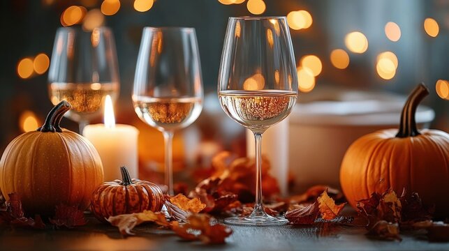 Cozy autumn dinner table setting with pumpkins candles wine glasses for festive dining
