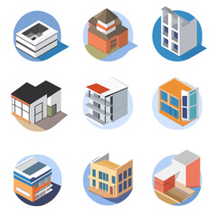 Isometric building icons, 3D architecture illustrations, modern design.