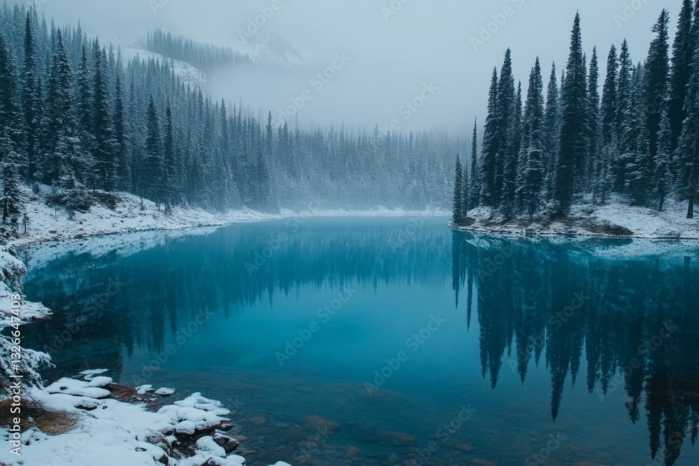 Aufkleber snow-covered lake surrounded by tall evergreen trees during a misty winter day in a remote wildernes