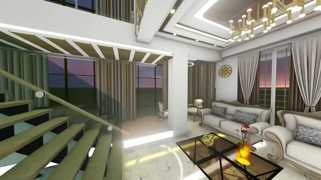 Luxurious duplex apartment interior and lighting 3d visualization. Apartment Bedroom, Dinning room, Kitchen room interior and lighting motion graphics. Architectural design samples.