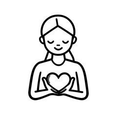 Minimalist line art of a happy woman holding a heart
