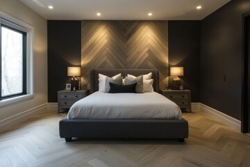 A modern bedroom features bed and nightstands with lamps