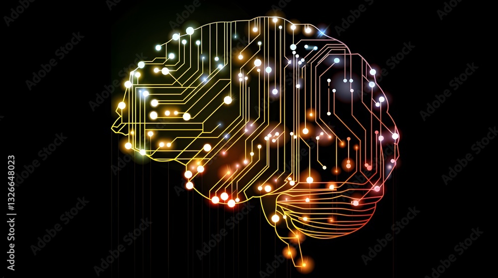 Poster a colorful brain with many lines and dots. a black background surrounds the brain.