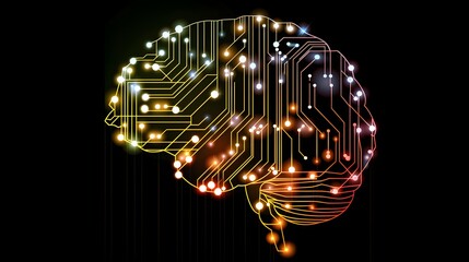 A colorful brain with many lines and dots. A black background surrounds the brain. 