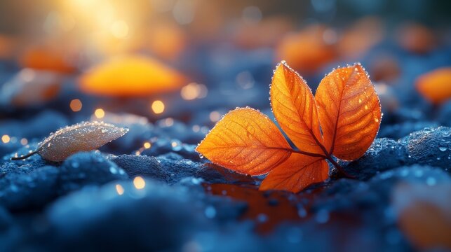 Golden autumn leaves shimmer with dew on a serene forest floor, capturing the essence of nature's beauty - Powered by Adobe