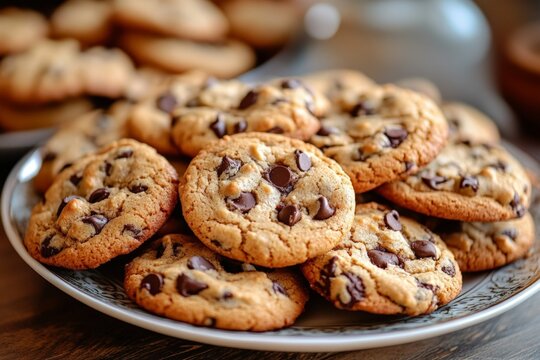 Deliciously baked chocolate chip cookies arranged on a decorative plate at a cozy kitchen setting
