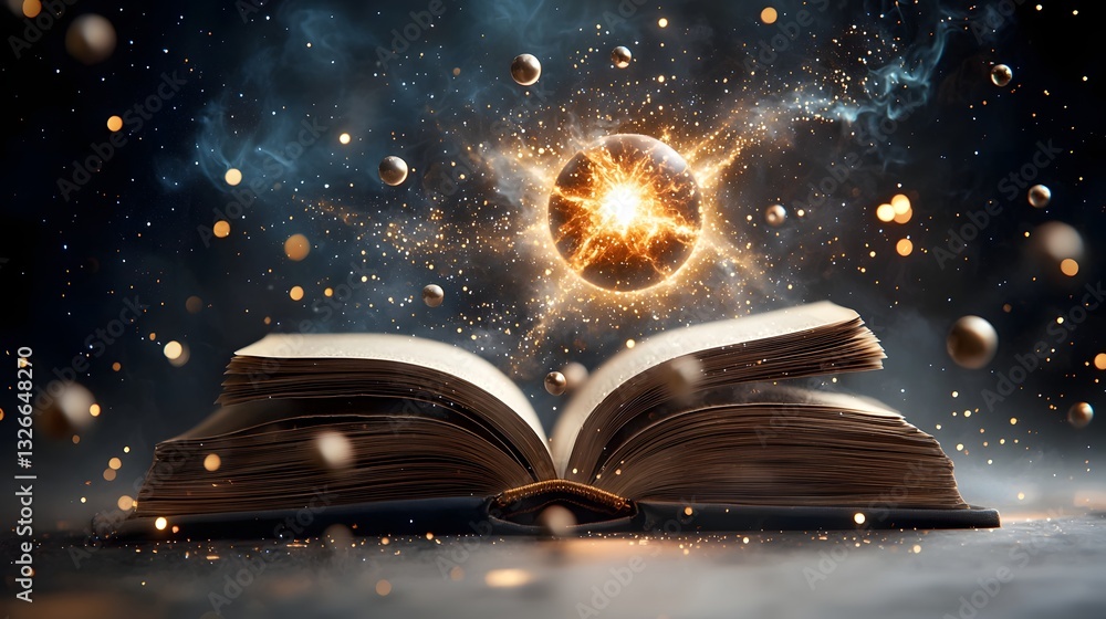 Aufkleber open book revealing the intricate structure of an atomic nucleus at its core with electrons orbiting