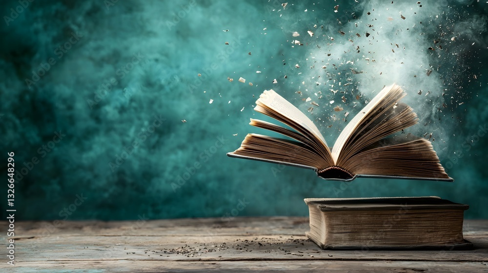 Poster levitating open book forming a gyroscope representing the principles of angular momentum rotational 